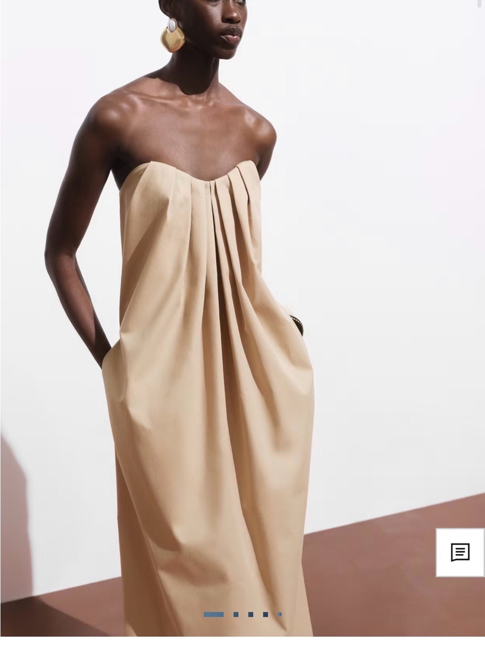 Mango Strapless Pleated Midi Dress in Beige